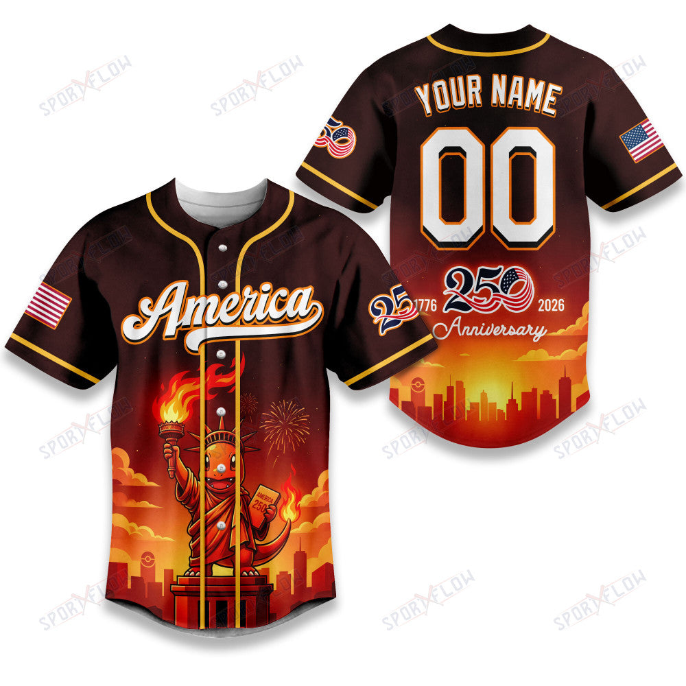 Pokemon Charmander Liberty Flame America 250 Anniversary Baseball Jersey