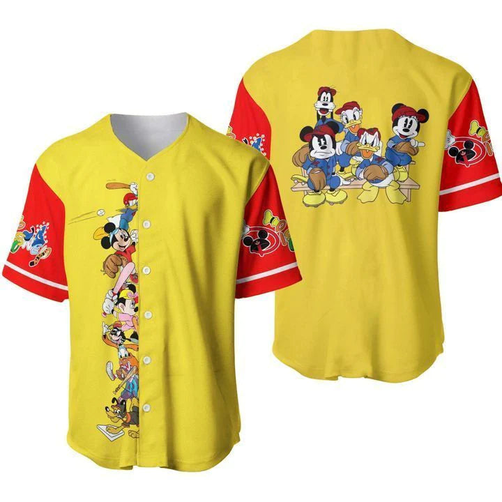 Vibrant Cartoon Character Baseball Jersey – Fun Unisex Yellow &amp; Red Sport Shirt
