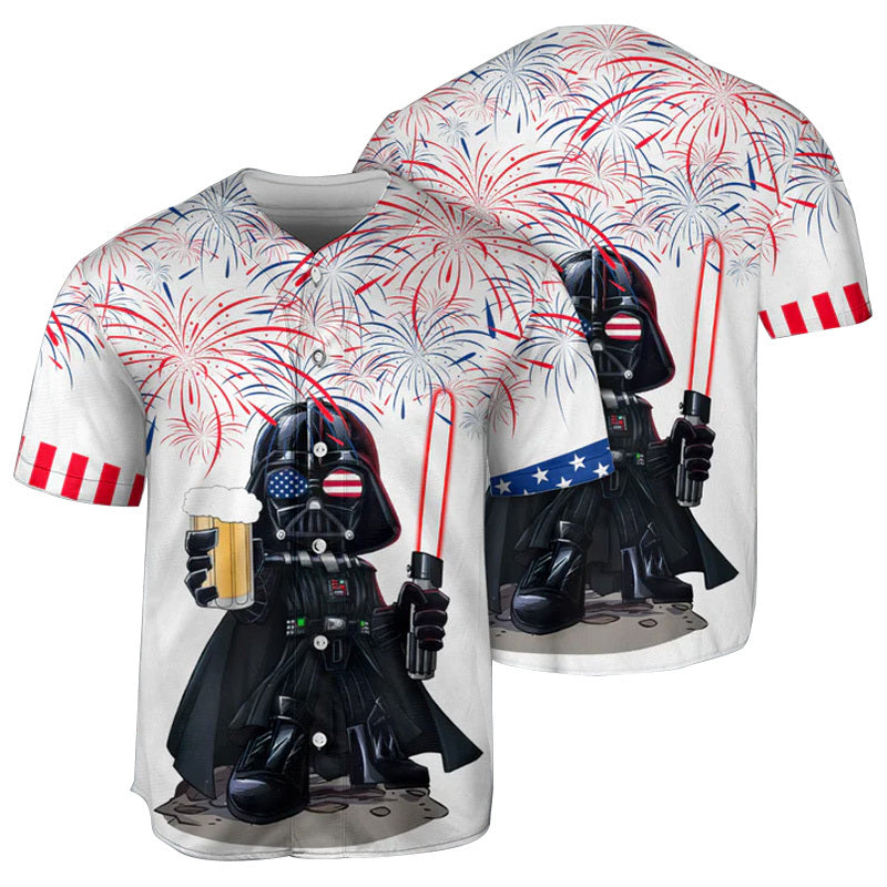 Patriotic Sci-Fi Jersey: Fireworks &amp; Laser Sword Design - Perfect For Celebrations!