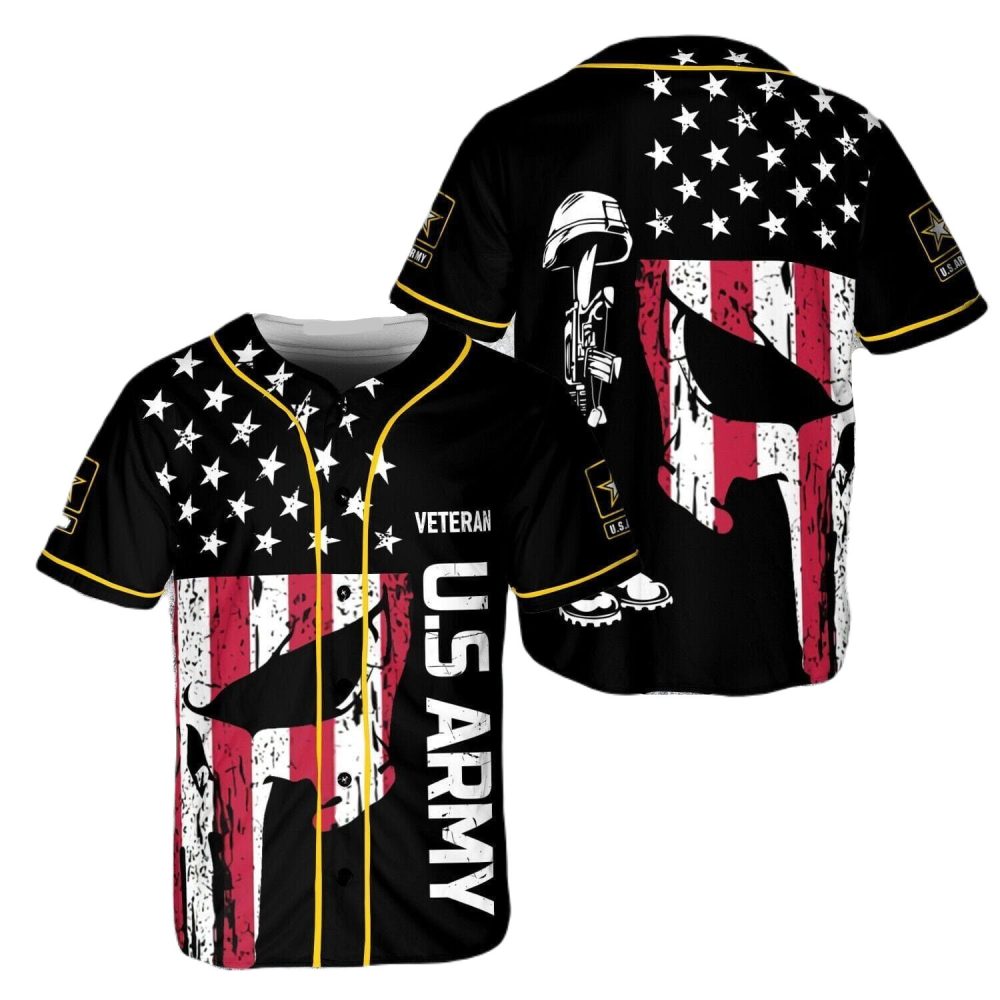 Patriotic Us Army Veteran Baseball Jersey - American Flag &amp; Helmet Design
