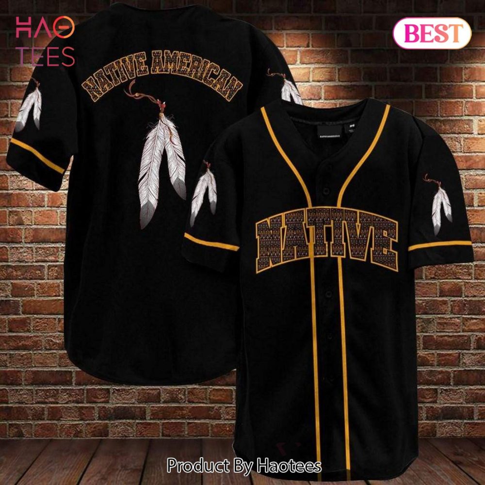 Stylish Native American Feather Baseball Jersey - Black &amp; Gold Design