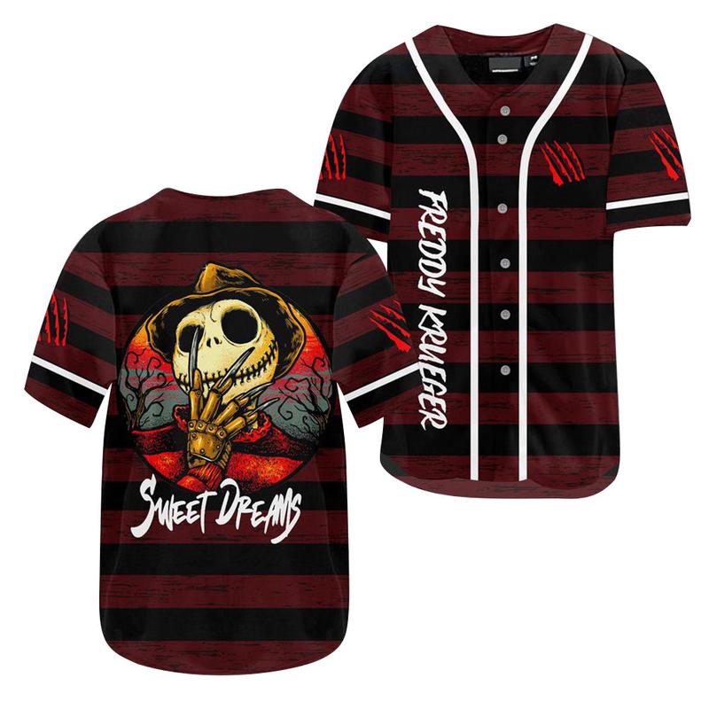 Retro Horror Baseball Jersey - Freddy Inspired Skull Design, Perfect For Halloween