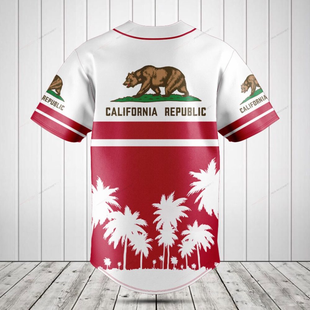 California Republic Baseball Jersey - Stylish Red &amp; White Palm Design Shirt