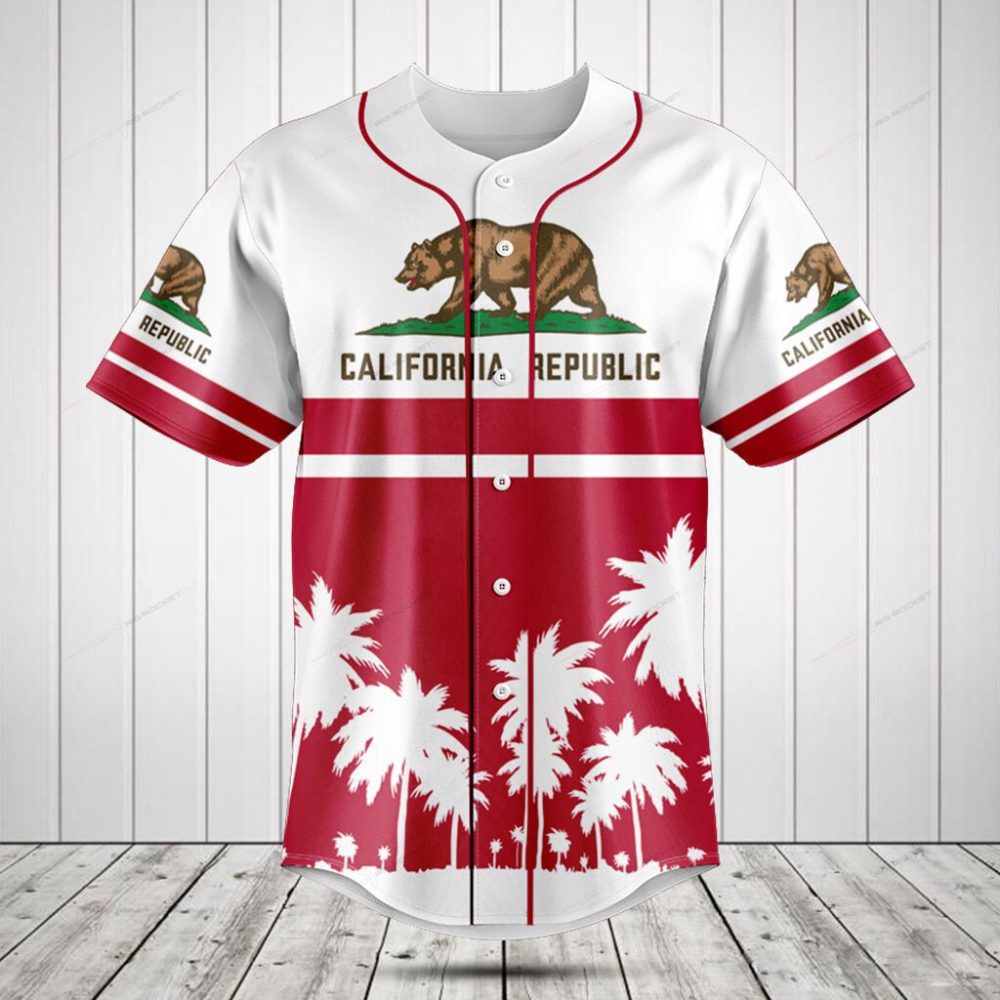 California Republic Baseball Jersey - Stylish Red &amp; White Palm Design Shirt