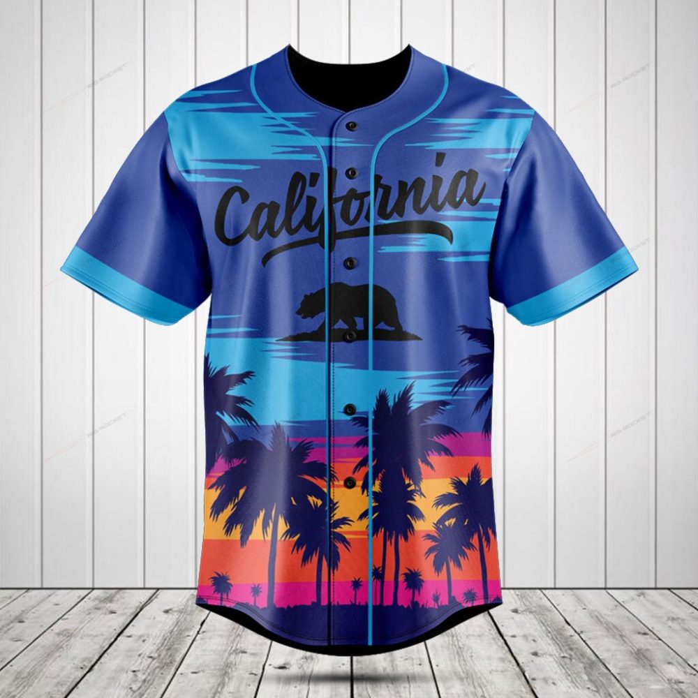 California Sunset Baseball Jersey - Vibrant Palm Tree Design, Men'S Fashion Top