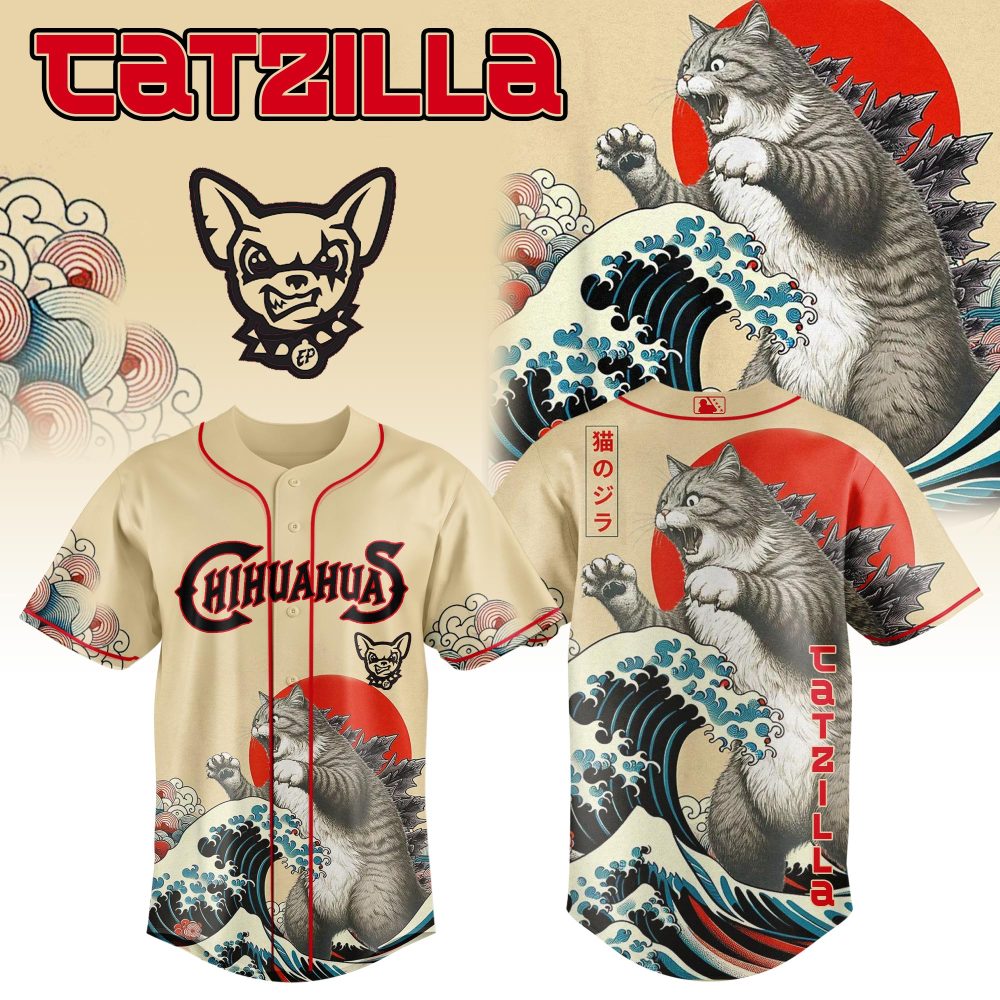Unleash Style With Catzilla Graphic Baseball Jersey - Unique Cat &amp; Wave Design