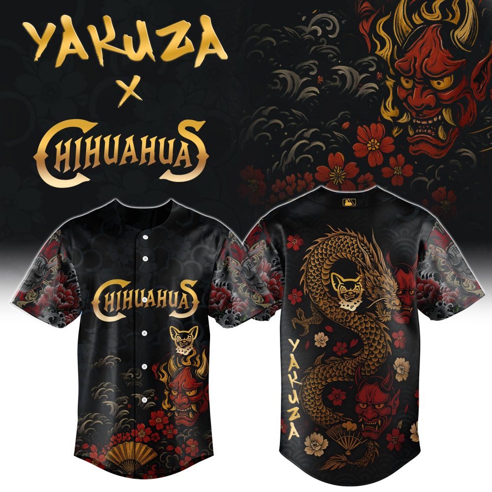 Yakuza X Chihuahuas Dragon &amp; Oni Baseball Jersey - Bold Japanese Tattoo Art Tee