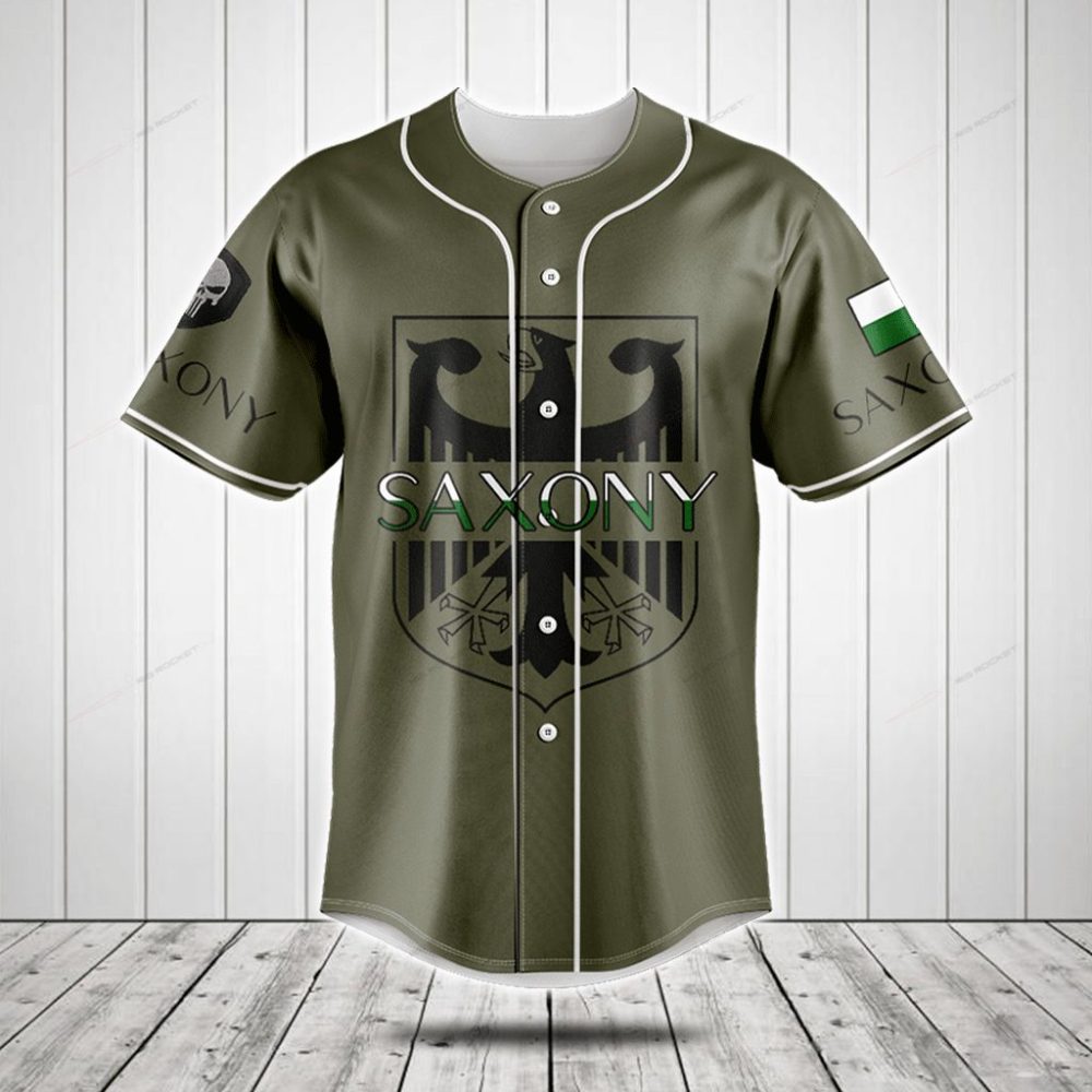 Premium Saxony Baseball Jersey – Stylish Olive Green With Crest Design