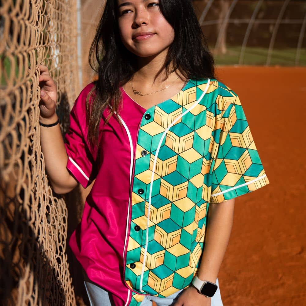 Vibrant Geometric Split-Design Baseball Jersey - Unisex Casual Shirt For Anime Fans