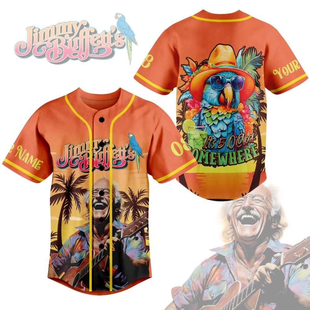Vibrant Beach Vibes Baseball Jersey - Tropical Parrot &amp; Guitar Design - Summer Casual Wear