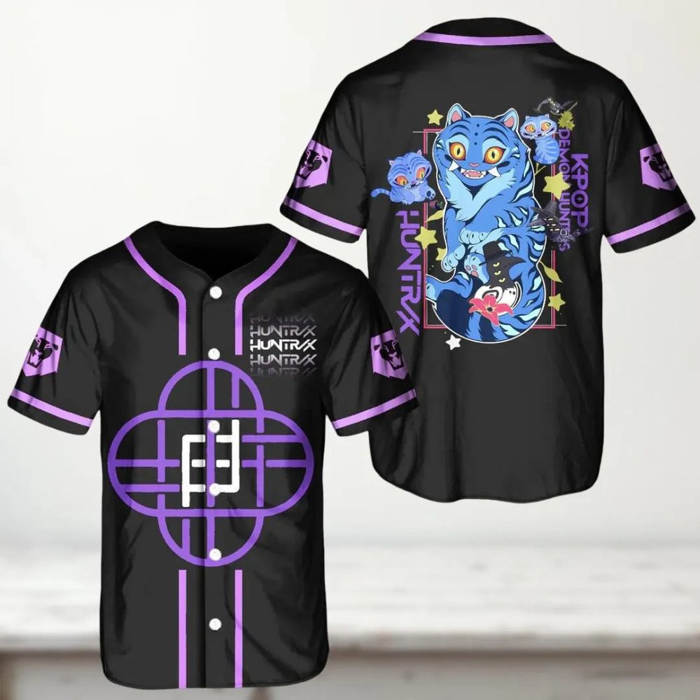 Vibrant Cat Design K-Pop Baseball Jersey Shirt - Unisex Black &amp; Purple Graphic Tee