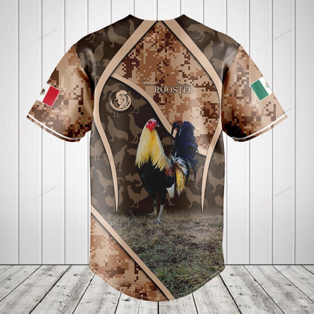 Men'S Camo Rooster Baseball Jersey - Mexican Flag Design, Breathable Sport Shirt