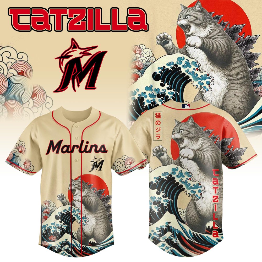 Unleash Style: Marlins Catzilla Baseball Jersey - Unique Art &amp; Comfort