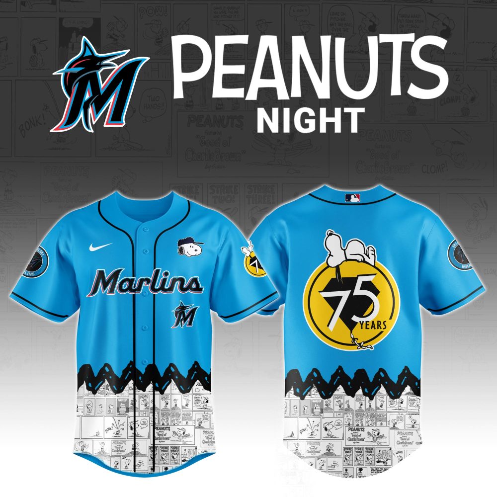 Limited Edition Peanuts Night Marlins Jersey - Celebrate 75 Years With Snoopy Style!