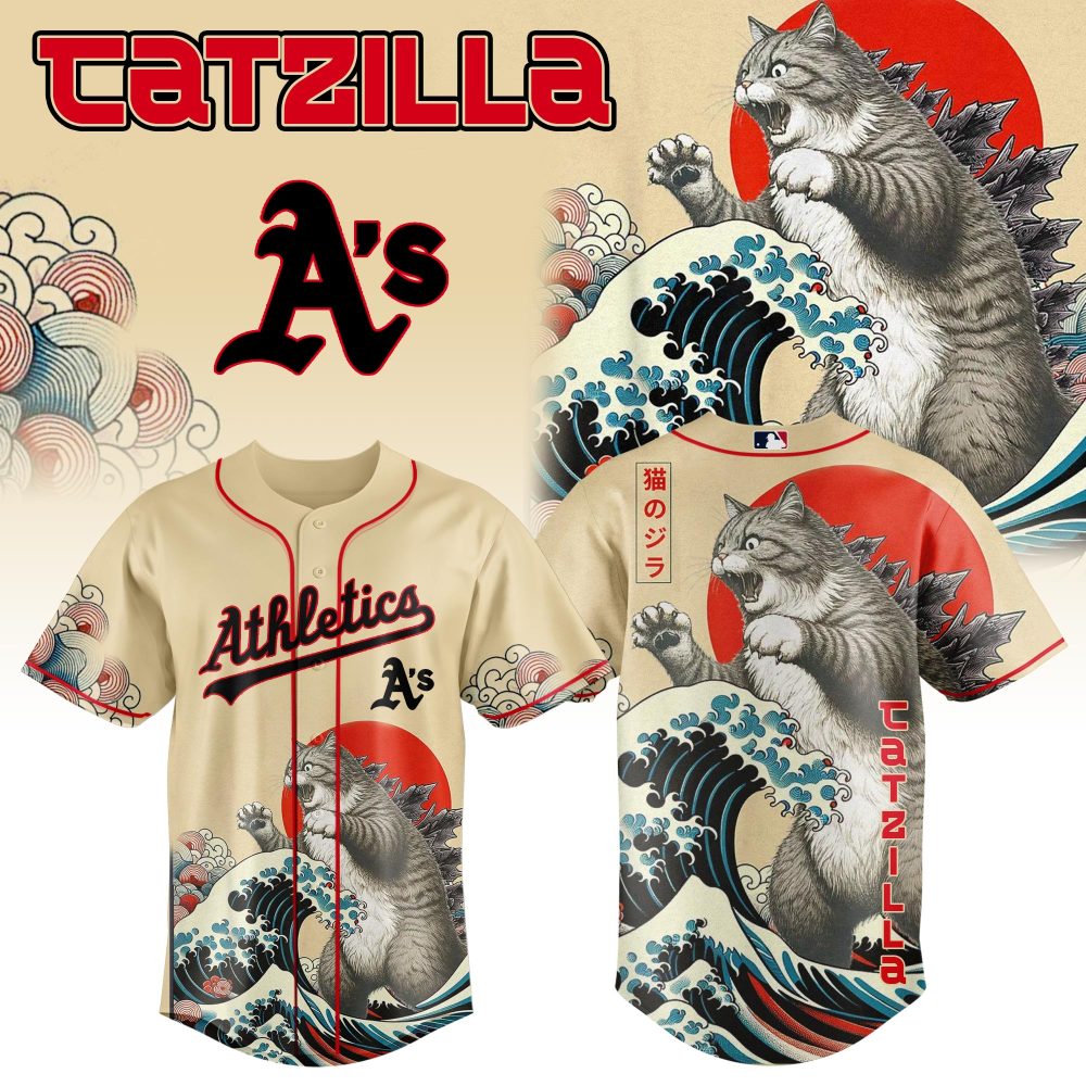Epic Catzilla Baseball Jersey - Athletic A'S Roaring Cat Graphic Tee