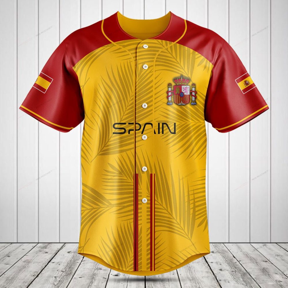 Spain Baseball Jersey - Stylish Red &amp; Yellow Team Shirt With Palm Leaf Design