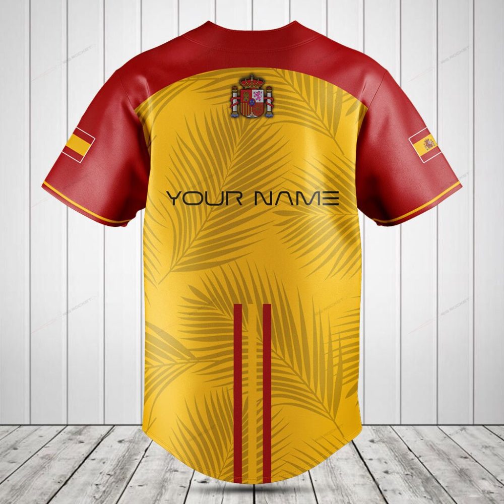 Spain Baseball Jersey - Stylish Red &amp; Yellow Team Shirt With Palm Leaf Design