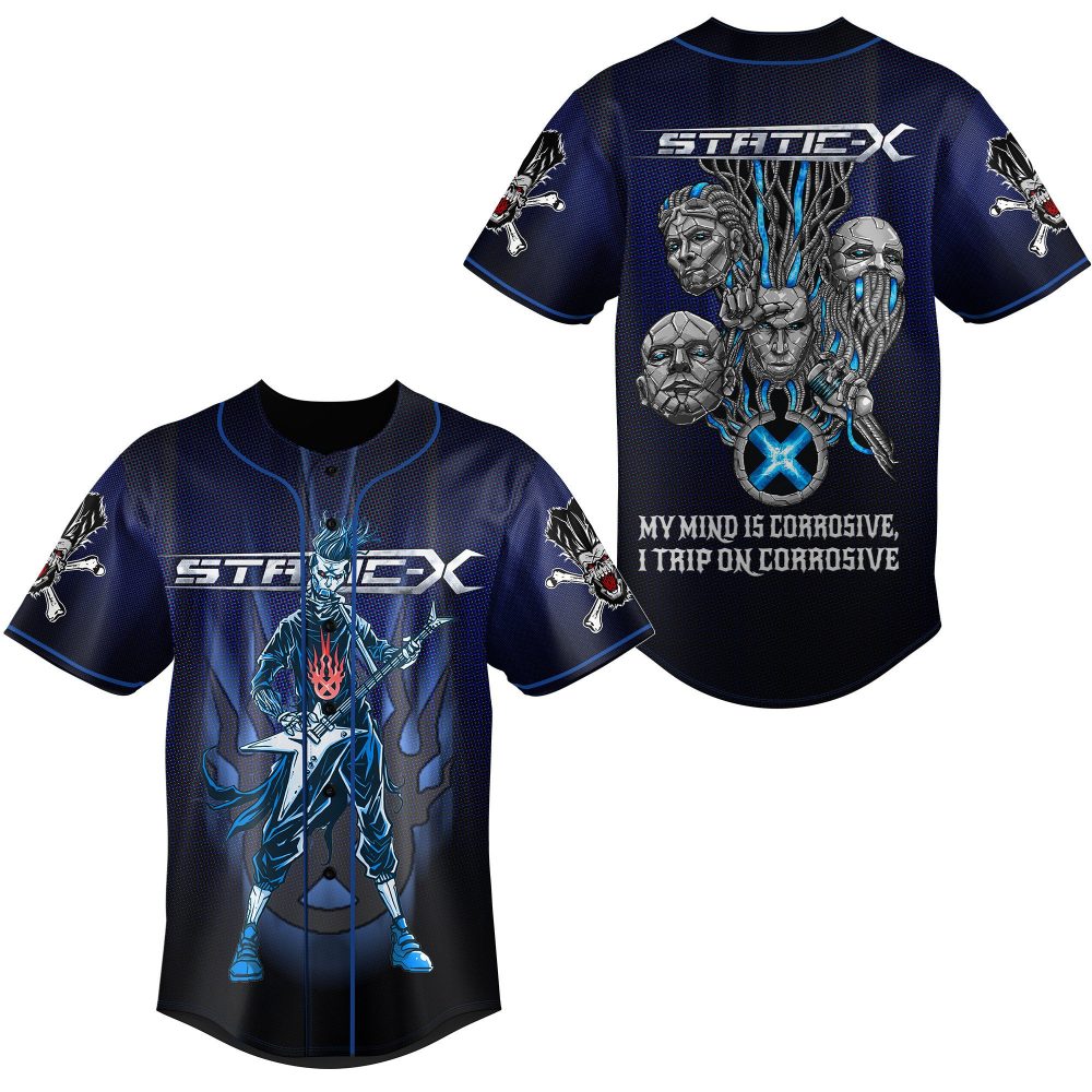 Static-X Graphic Baseball Jersey – Corrosive Mind Design, Men’S Rock Apparel