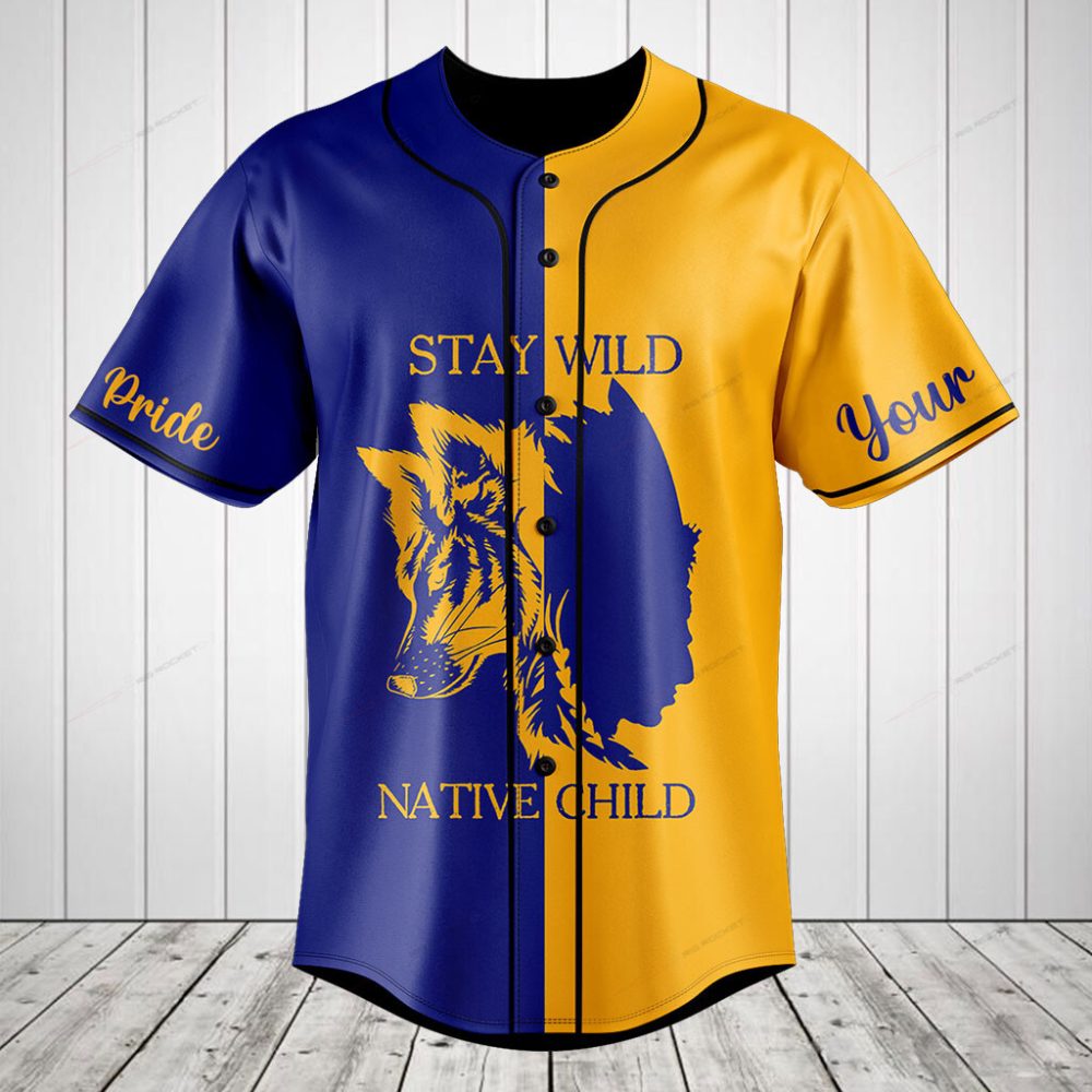 Stay Wild Native Child Baseball Jersey - Bold Blue &amp; Yellow Wolf Design Shirt
