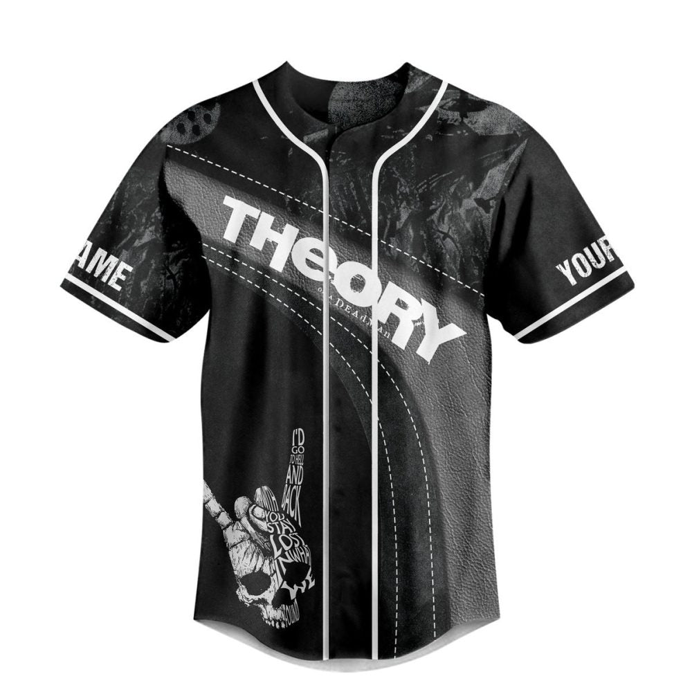 Edgy Black Graphic Baseball Jersey - Bold 'Theory' Design, Perfect For Streetwear Lovers
