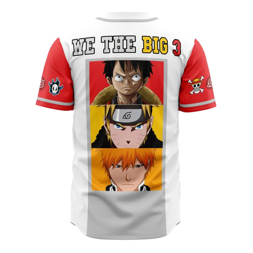 Anime Fusion Baseball Jersey - Iconic 'Big 3' Design With Pirate &amp; Ninja Emblems - Unisex Sports Tee
