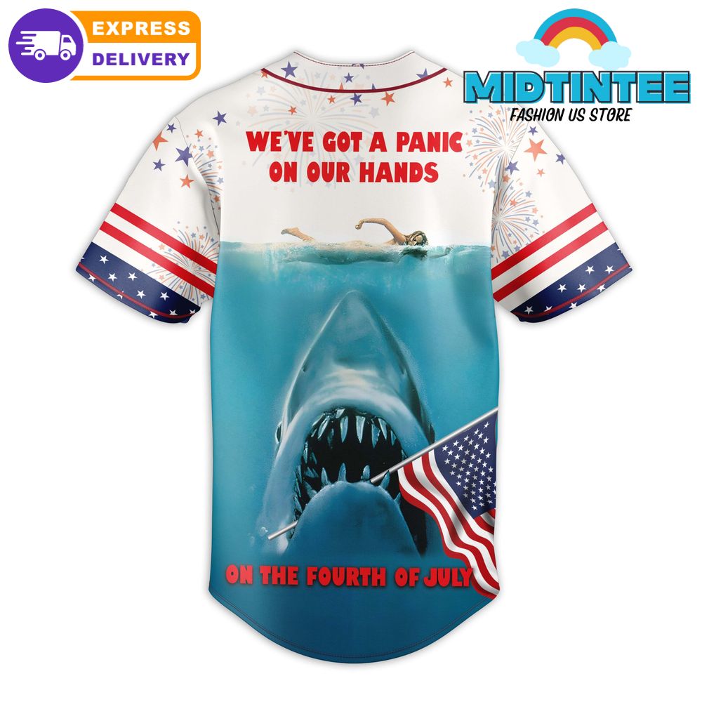 Patriotic Jaws Baseball Jersey - 4Th Of July Shark Design Tee , Fast Shipping!