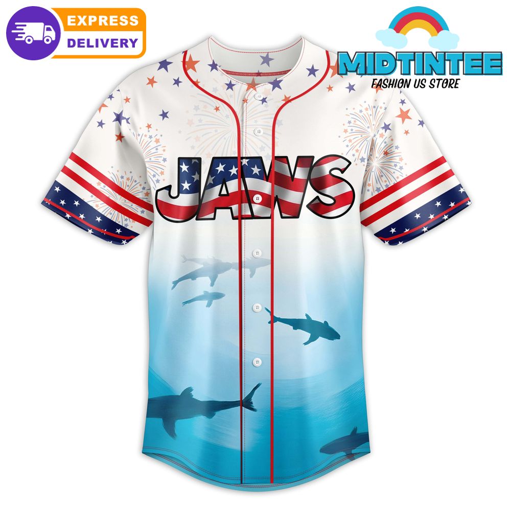Patriotic Jaws Baseball Jersey - 4Th Of July Shark Design Tee , Fast Shipping!