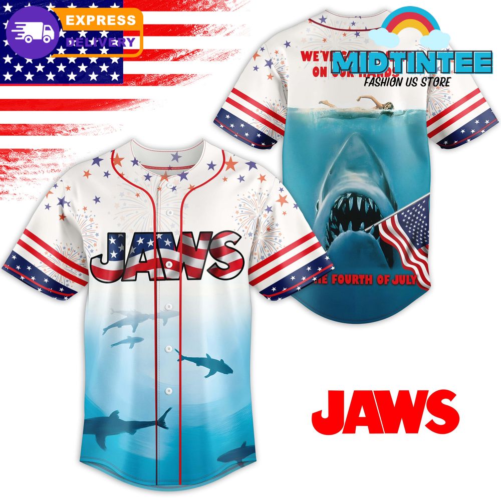 Patriotic Jaws Baseball Jersey - 4Th Of July Shark Design Tee , Fast Shipping!