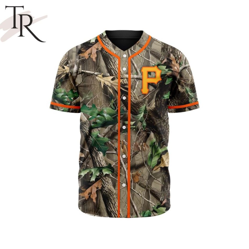 Camouflage Baseball Jersey With Orange Trim - Perfect For Outdoor Enthusiasts &amp; Sports Fans