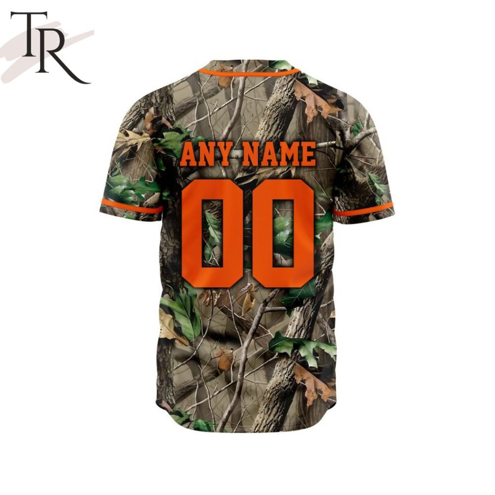 Camouflage Baseball Jersey With Orange Trim - Perfect For Outdoor Enthusiasts &amp; Sports Fans