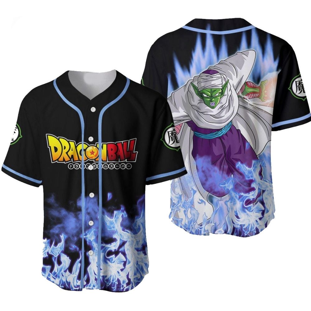 Dragon Ball Anime Baseball Jersey - Piccolo Design, Black &amp; Blue Flame, Unisex