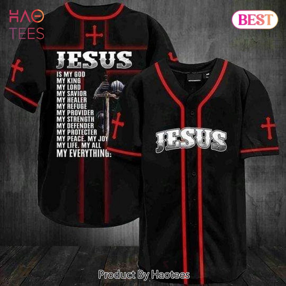 Bold 'Jesus' Baseball Jersey - Faith-Inspired Design, Black &amp; Red, Unisex